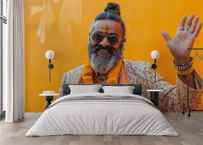 A modern Hindu Pandit, embracing technology with sunglasses and earphones, extends a blessing gesture, showcasing a blend of tradition and modernity Wall mural