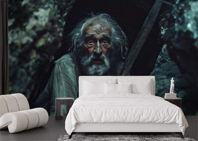 A Scared Aged Old Man Trapped And Scared In A Dark Rock Cave , He Has A Sword In His Hand For His Defense From Any Threat , Fear Expressions Wall mural