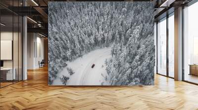 Aerial view of a car driving through the Mt Hood National Forest, Oregon. Wall mural