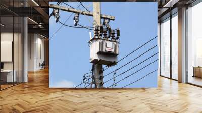 Power transformer installed on electric pole on daytime sky background. Soft and selective focus. Wall mural