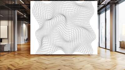 Distorted square grid. Wireframe wave geometry grid. Warped mesh texture. Curved mesh elements. Vector illustration Wall mural