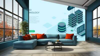 Isometric cloud technology with datacenter and laptop. Web hosting concept. Cloud technology computing concept. Modern cloud technology. Vector illustration Wall mural