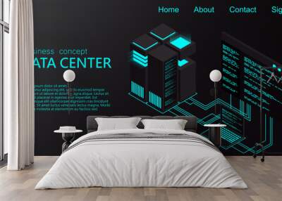 Isometric Data center. 3d isometric concept big data center with server. Creative vector illustration of server rack room. High technology vector illustration. Wall mural