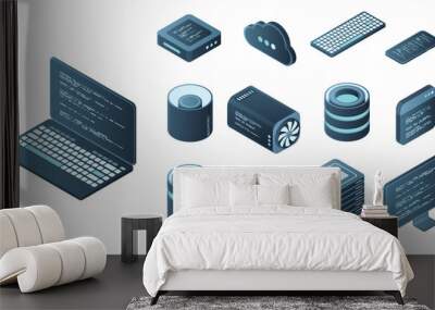 Set of isometric computer technology. Isometric set server equipment. Technology isometric icons. Digital technology items. Vector illustration Wall mural