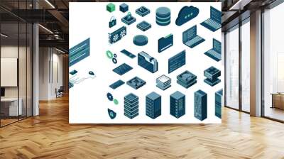 Set of isometric computer technology. Isometric set server equipment. Technology isometric icons. Digital technology items. Vector illustration Wall mural