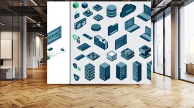 Set of isometric computer technology. Isometric set server equipment. Technology isometric icons. Digital technology items. Vector illustration Wall mural