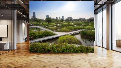 Landscape view of the new park in Bangkok There are beautiful walking paths and landscaping with islands and ponds. Wall mural