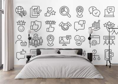 Survey icon set. Containing feedback, opinion, questionnaire, research, data collection, review and satisfaction icons. Wall mural