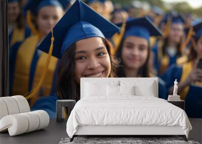 Happy university or school graduate dressed in graduation gown and cap taking selfie during graduation ceremony. Wall mural