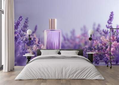 Lavender-colored perfume on a light purple background among lavender flowers. Wall mural