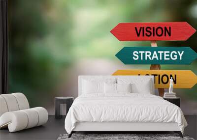 A conceptual image of a path with signposts labeled Vision, Strategy, and Action, representing the stages of a strategic planning framework Wall mural