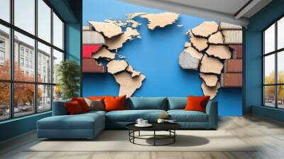 A creative depiction of the world map with shipping containers, symbolizing global trade and logistics in vibrant colors. Wall mural