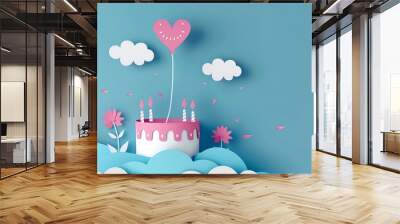 Delicate papercut design featuring a birthday cake with candles, intricate details on a soft color background Wall mural