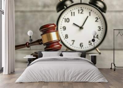 Gavel and alarm clock on a textured background, symbolizing the concept of time management in legal proceedings. Wall mural