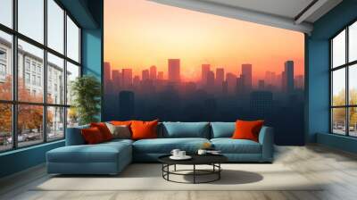 Stunning city skyline at sunset, showcasing silhouettes of skyscrapers against a vibrant, colorful sky. Wall mural