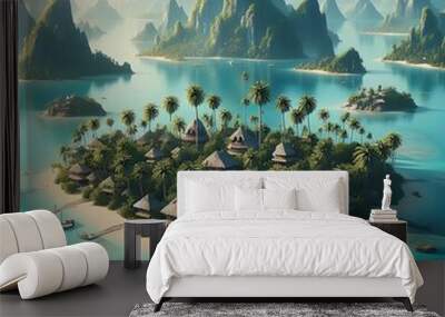 A small island with huts and palm trees in the middle of the ocean Wall mural