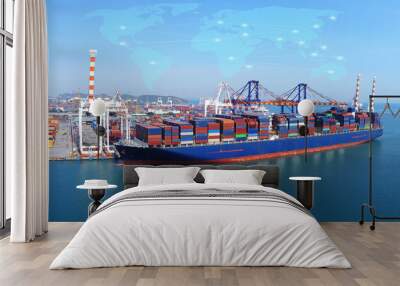 Aerial top view containers ship cargo business commercial logistic and transportation international import export by container freight cargo ship in the open seaport show ocean network on map Wall mural