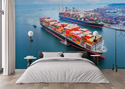 cargo ship and truck at seaport waiting for container dock crane shipment harbor loading container import and export commercial trade business logistic and transportation international. Wall mural