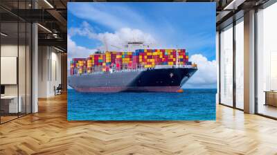 cargo ship and truck at seaport waiting for container dock crane shipment harbor loading container import and export commercial trade business logistic and transportation international. Wall mural