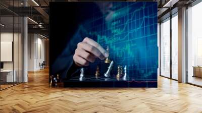 Double exposure chess game on strategy competitive market ,chess board behind business present financial investment and marketing strategy analysis is target in global economy concept. Wall mural