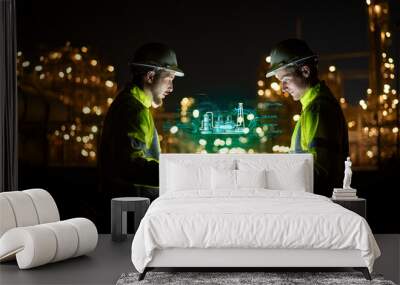 Engineer survey team wear uniform and helmet stand workplace checking blueprint project and radio communication inspection work construction site with night lights oil refinery background. Wall mural