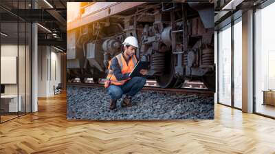 Engineer under inspection and checking construction process railway switch and checking work on railroad station .Engineer wearing safety uniform and safety helmet in work. Wall mural