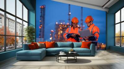 Engineer wear uniform and helmet stand workplace hand holding tablet and laptop computer, survey inspection team work plant site to work with night lights oil refinery background. Wall mural