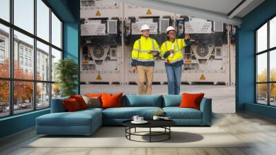 Engineers railway survey wearing safety uniform and helmet under conversation document on hand inspect checking cargo containers railway work on railroad station is transportation industry concept Wall mural