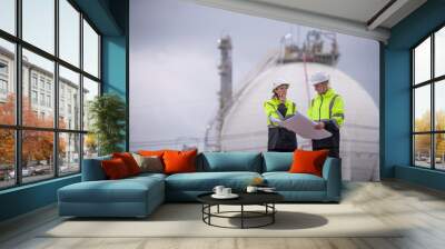 Engineers wearing safety gear, including hard hats examining survey a large blueprint tablet standing industrial facility gas or oil refinery engaged in a job requires high safety standards concept. Wall mural