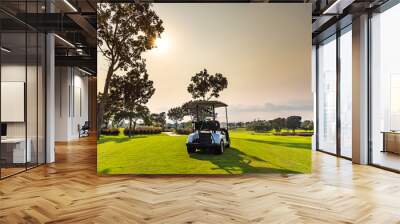 Golf cart park on green grass in golf course ,beautiful view of golf course and sun sky background Wall mural