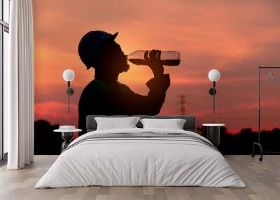 Silhouette engineer drinking fresh water when he feel thirsty after finish checking and inspection railway with twilight sky background. Wall mural