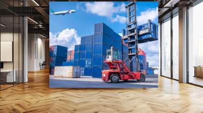 The dock logistics import export and folklife truck transport industry of Container Cargo freight ship and Cargo plane at seaport on blue sky. Wall mural