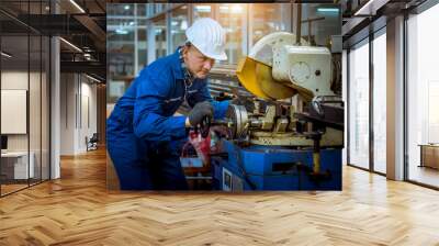 The Industry engineering wearing safety uniform control operating lathe grinding machine working in industry factory. Wall mural