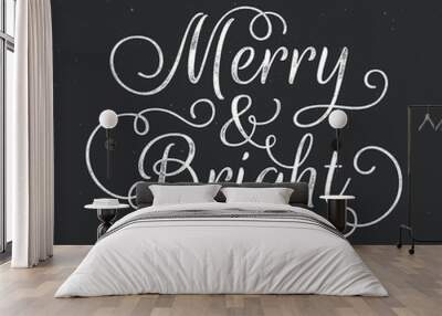 merry and bright lettering. vector ink stamp effect, grunge background. Wall mural