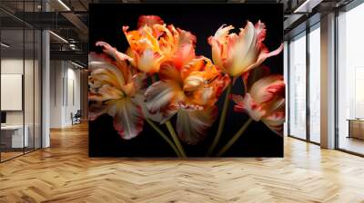 Parrot tulips in front of a dark background, springtime, orange, red.  Wall mural