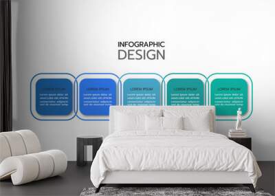 Business infographic thin line process with square template. Vector illustration. Timeline processes with 5 options, steps or parts. Wall mural