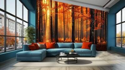 A forest of tall, slender trees with fiery autumn leaves, bathed in warm, golden light, creating a serene and cozy atmosphere Wall mural