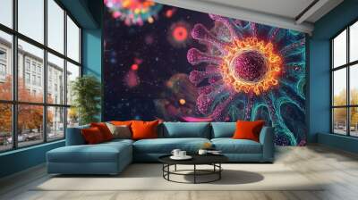 Detailed illustration of a virus budding from a host cell, showing envelope formation. Bright colors on a dark background. Wall mural