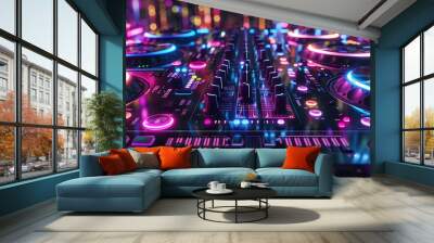 DJ set with neon colors and bokeh effect, futuristic vibe and beautiful mind style Wall mural