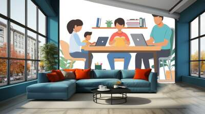 Family Studying and Working Together at Home Wall mural