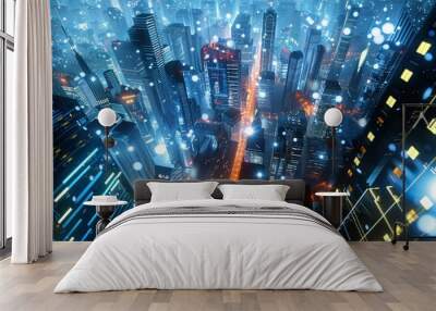 Futuristic Cityscape with Glowing Lights and Falling Snow Wall mural