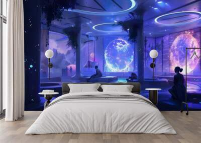 Futuristic Interior with Holographic Displays and People Wall mural