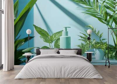 Green Beauty Products with Tropical Plants on Blue Background Wall mural