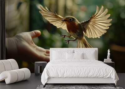 Hand Releasing Bird with Wings Flapping Mid-Air Wall mural