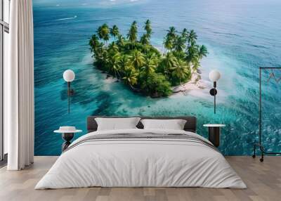 High-angle view of a tropical island with palm trees and turquoise waters Wall mural