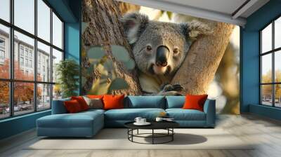 Koala Peeking Behind Tree in Sunlight Wall mural