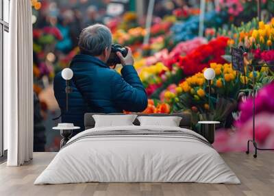 Man Taking Photo of Vibrant Flower Market Wall mural