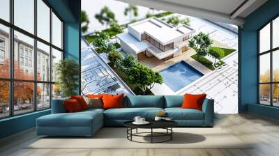 Modern House Model on Architectural Blueprint Wall mural