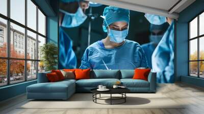 Surgeon stitching up patient after surgery Wall mural