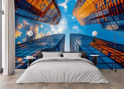 Upward View of Skyscrapers bathed in warm sunset light Wall mural